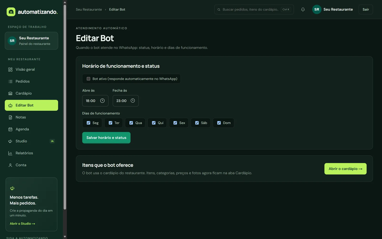 Tela Editar Bot: opção de bot ativo, horário de abertura e fechamento e dias de funcionamento.